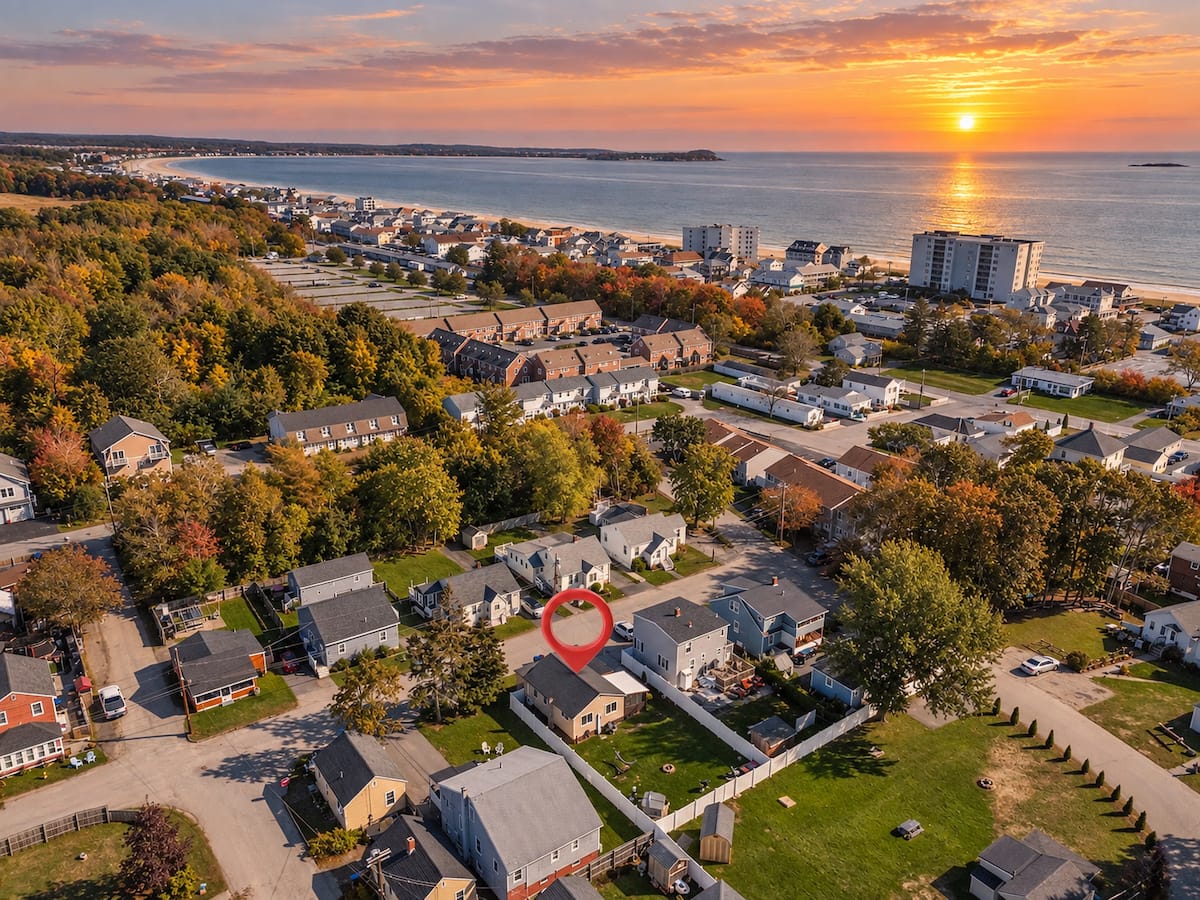 Aerial of a Maine coastal neighborhood at sunset, a short walk from the beach in Old Orchard Beach