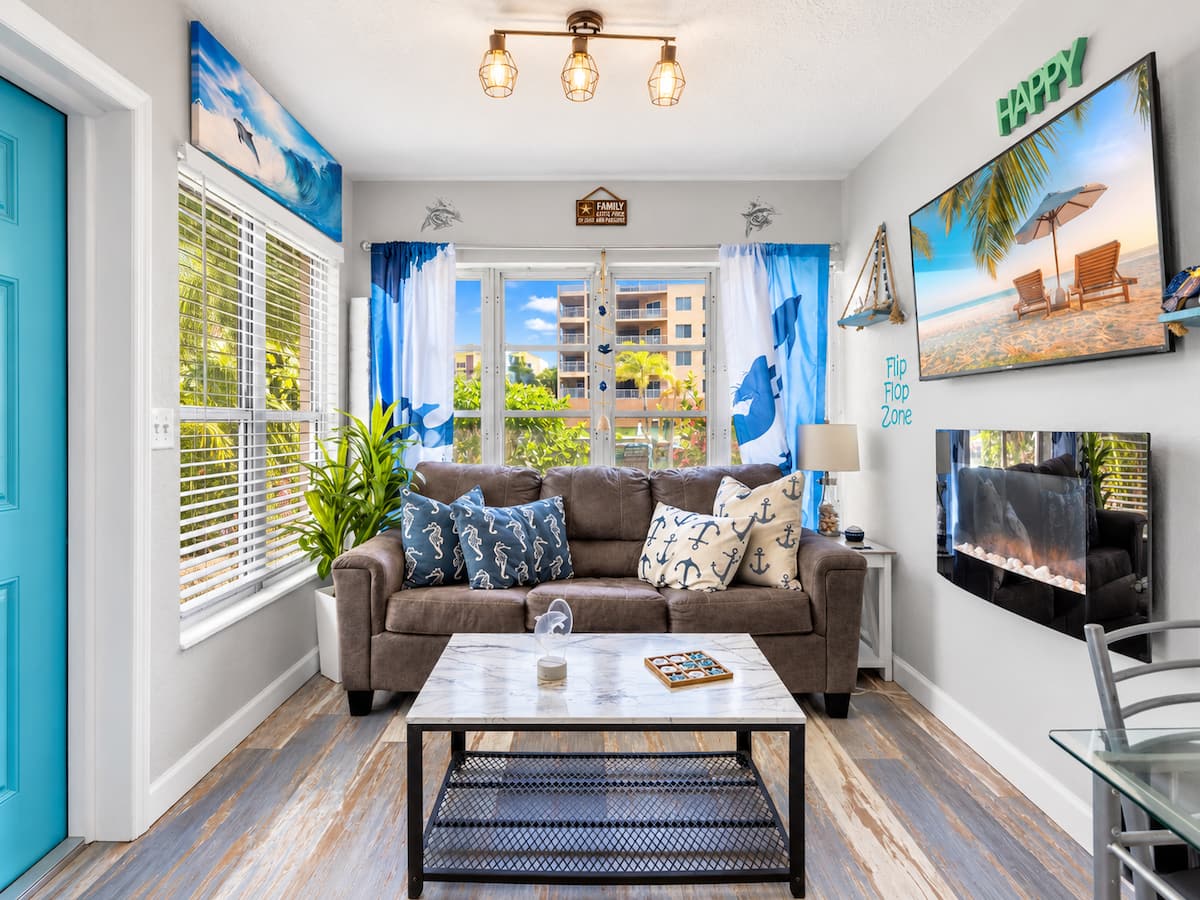 Cozy coastal living room with beach decor on Treasure Island